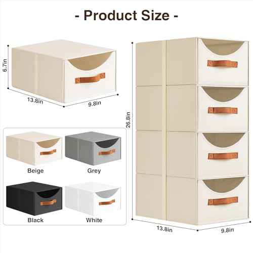 Stackable Storage Drawers - Collapsible Storage Bins with Drawers, 4 Pack Closet Shelf Organizer Basket, Fabric Pull Out Organizer for Bedroom, Living Room, Dorm, Beige