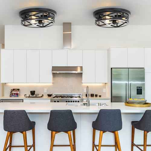 13 Inch Close to Ceiling Light Fixtures 2 Pack, 3-Lights Farmhouse Flush Mount Ceiling Light, Black Indoor Metal Cage Semi Flush Mount Ceiling Light for House Hallway Kitchen Bedroom