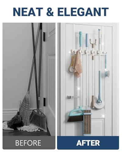Lorbro White Door Mount Broom and Mop Holder No Drill Over-the-Door Organizer