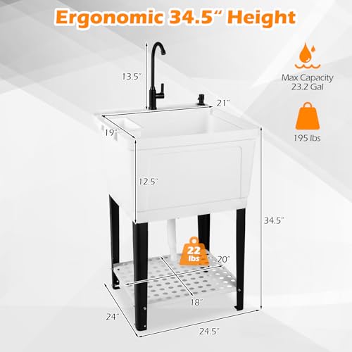 Giantex 23.2 Gal Freestanding Utility Sink with Faucet, Drain Kit & Storage Shelf