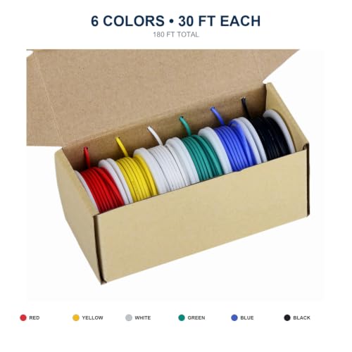 TUOFENG 24 AWG Stranded Silicone Wire, 6 Colors, 30 ft Each, Tinned Copper Flexible Lead Wire