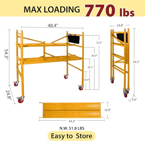 LEADALLWAY Yellow 4-Foot Portable Rolling Scaffold Platform with 2 Adjustable Levels