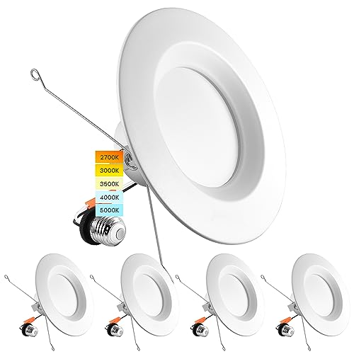 LUXRITE 5/6 Inch LED Recessed Retrofit Downlight 4 Pack, Dimmable, 14W=90W, 1100 Lumens, 5 Color Options