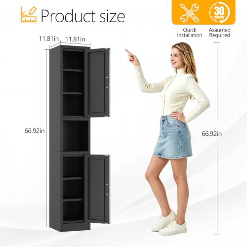 67-Inch Tall Narrow Metal Pantry Cabinet with Adjustable Shelves & Double Doors - Black