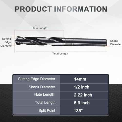 uxcell 14mm Drill Bit 1/2" Reduced Shank 4341 High-Speed Twist HSS Nitriding Black 135¡Æ for Light-Duty Soft Metal Aluminum Alloy Wood Plastic