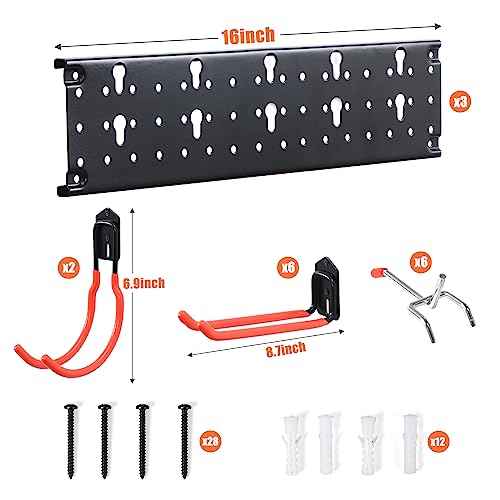 Ultrawall Multi-Storage Garage Hooks, Utility Rack with Multiple Installation Methods, Wall-Mounted Garden Tool Organizer System for Shovels, Rakes, Ladders,17pcs
