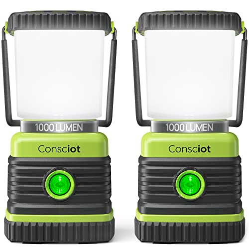 Consciot 1000LM LED Camping Lantern 4 Light Modes Dimmable, 2 Pack Light Green