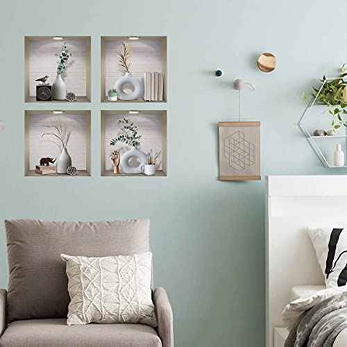 IARTTOP 3D Vase Art Magic Wall Decal, Elegant White Vases Wall Sticker, Vintage Green Plants Decals for Dining Room Bedroom, Creative DIY Botanical Living Room Wall Art Mural, Set of 4 (12¡±x12¡±)