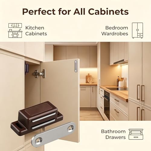 QEDT Brown Magnetic Cabinet Door Latch Pack of 12 - Strong & Durable