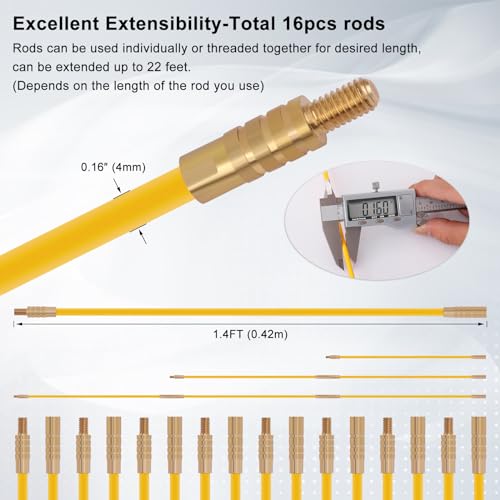 22FT Fiberglass Wire Running Kit with 16 Rods & Attachments - Boeray