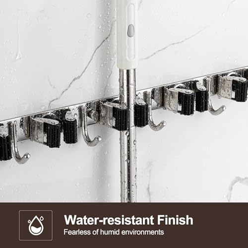 2 Pack Wall Mount, Stainless Steel Broom Hanger, Heavy Duty Mop and Broom Holder Tool Racks Utility Hooks for Laundry Room Garden Garage, Grey (4 Racks and 5 Hooks)