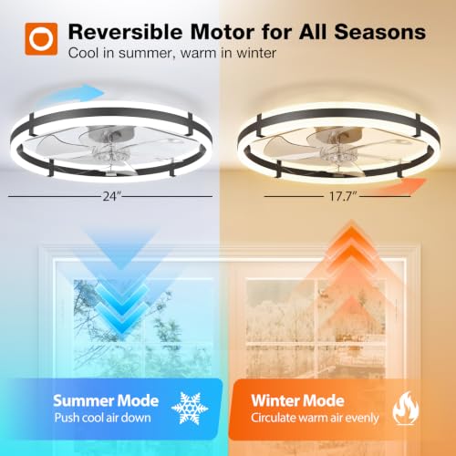 addlon 24 Inch Black Low Profile Ceiling Fan with Lights & Remote