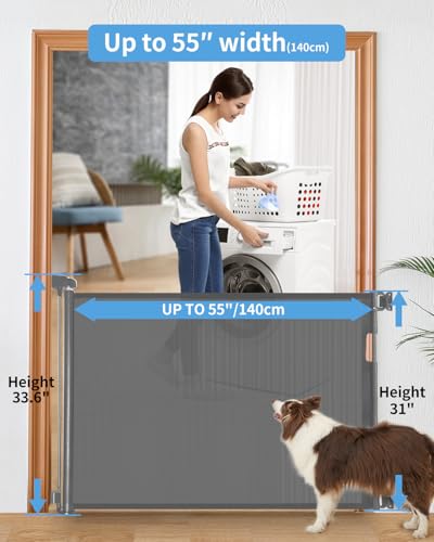 Gray Retractable Dog & Baby Gate for Stairs 33x55 Inches Drill Mount