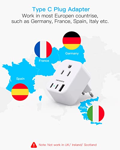 HANYCONY Type C European Travel Plug Adapter US to Europe – Compact 5-in-1 with USB-C & USB Ports for Italy, France, Germany