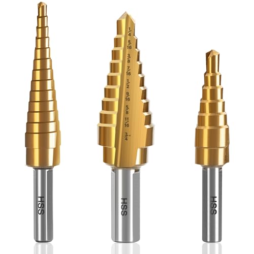 Step Drill Bit Set, 3PCS Titanium High Speed Steel Drill Bits, Step Bits for Metal Aluminium Wood Hole Drilling, Unibit Set for DIY Lovers, 28 Step Sizes (1/8" to 3/4")