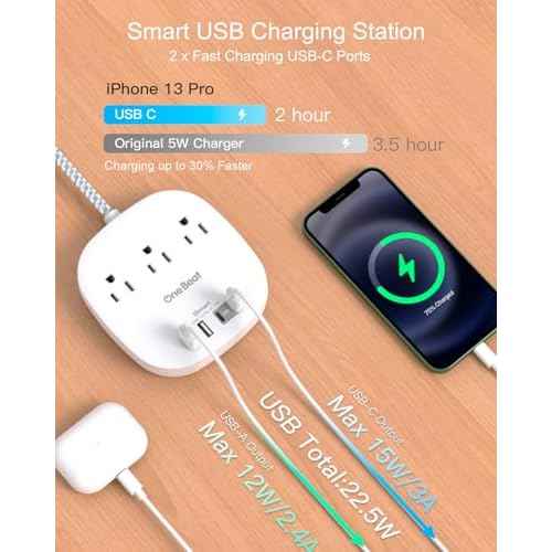 Flat Plug Power Strip, 6ft Ultra Flat Extension Cord - 3 Outlets 4 USB Ports (2 USB C) 22.5W/4.5A Desktop Charging Station, Power Strip No Surge Protection for Cruise Ship, Dorm Room Travel Essentials