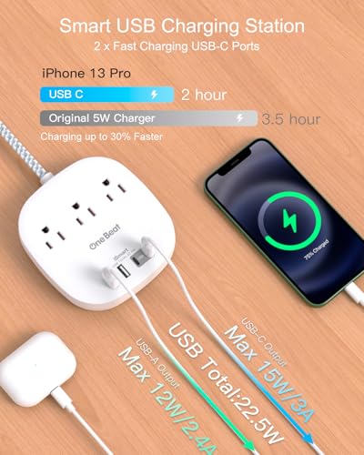 One Beat Travel Power Strip with Flat Plug & 6Ft Braided Cord - White, No Surge, Cruise Ready
