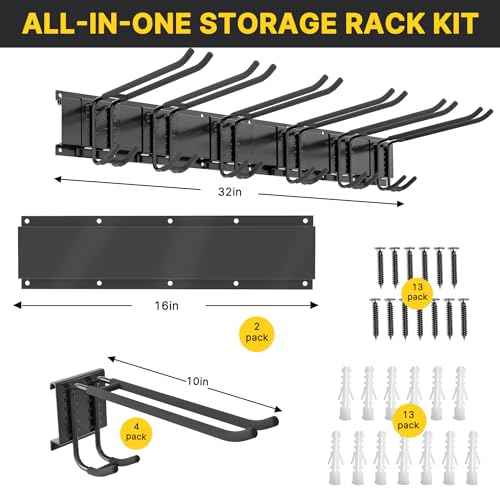 Garage Organization, Garage Tool Organizer Wall Mount with 48 inches Rails and 6 Double-layer Hooks, Tool Organizer Rack For Yard Tools, Shovel, Chair, Snowborad