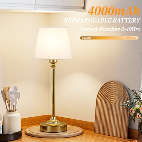 Kakanuo White and Gold Cordless Table Lamp with Rechargeable Battery, 15.8in Empire Shade