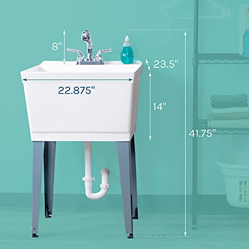 White Utility Sink Laundry Tub with Pull-Out Chrome Faucet - Heavy Duty Slop Sink for Laundry, Basement, Garage, or Workshop - JS Jackson Supplies