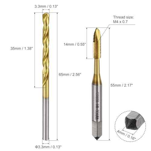 uxcell Metric Tap & Drill Bit Set, 2pcs M4 x 0.7 Spiral Point Thread Taps and 2pcs 3.3mm Twist Drill Bits, Titanium Coated HSS6542 Screw Tapping Threading Tools