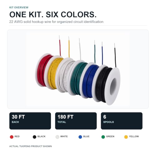 TUOFENG 22 AWG Solid Wire Kit - 6 Colors, 30ft Each, Electronics Wiring