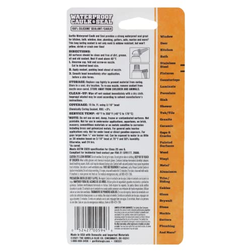 Gorilla 100% Silicone Waterproof Caulk Sealant 2-Pack, White, 2.8oz Tubes