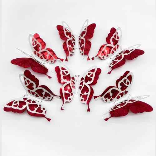 Love 3D Butterfly Wall Decor Summer Butterfly Wall Sticker Decoration Silver Red Double Deck Removable Sticker 3.85x4.6 inche for Valentine's Birthday Holiday Party Decoration-6pcs