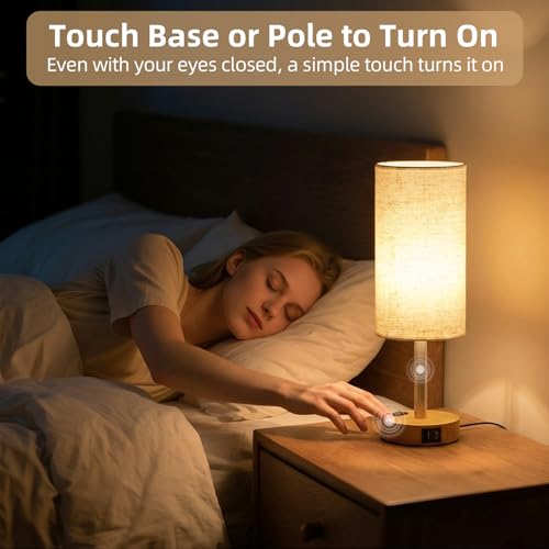 Fitfull Warm Wooden Touch Bedside Table Lamp with USB-C & AC Outlet - Model: Warm&Wooden / 1