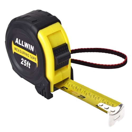 ALLWIN Yellow 25 Ft Metal Retractable Tape Measure with Fractions, Easy Read, 1-Inch Wide - 7.6 M
