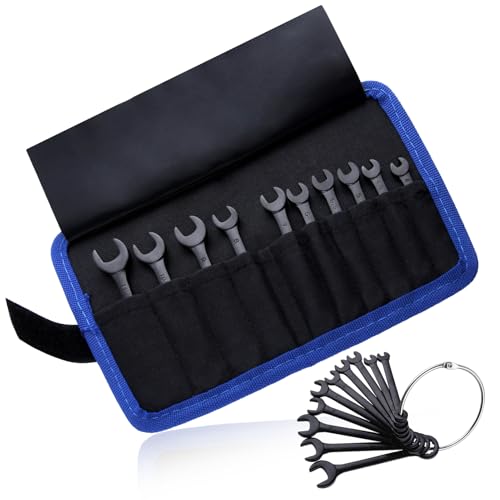 Mini Wrench Set Metric 10-Piece Ignition Wrench Set, 4-11mm Open End and Box End Combination Wrenches, Super Thin Small Wrenches with Zipper Bag and Key Ring for Small Fasteners, Black