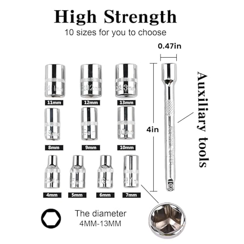 Egofine 12-Piece 1/4 Inch Mini Ratchet Socket Set with 10 Sockets, Quick Release Handle & Extension Bar - Metric Sizes
