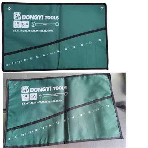 2 Pack Wrench Roll Up Pouch Wrench Set Roll Organizer 14 Pocket Slot Canvas Tool Bag Rolling Pouches for Ratcheting Wrench Set Combination Wrench Sets 8mm to 24mm Metric Wrenches Set
