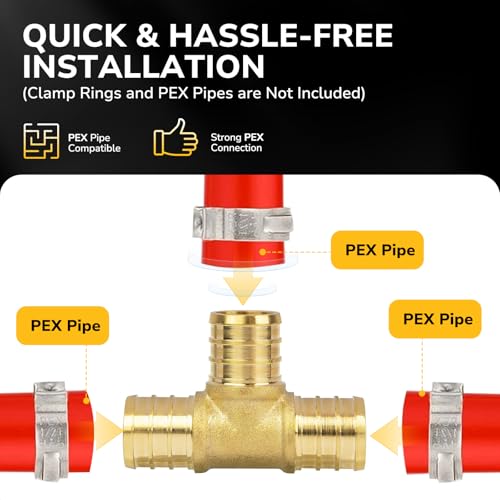 KAINGA 1/2" PEX Tee Fittings - Heavy-Duty Brass, Leak-Resistant, 5 Pack