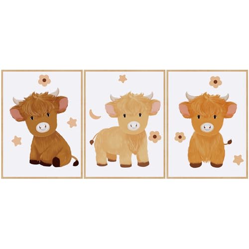 Geyoga 3 Pcs Baby Highland Cattle Canvas Wall Decor Art Watercolor Highland Baby Cow Nursery Decor Picture Animal Farm Painting Prints Furry New Mom Gifts for Boys and Girls Room, 12 x 16 Inch