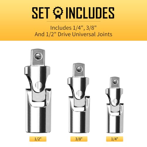 BOEN 3-Piece Universal Joint Socket Adapter Set, 1/2", 3/8", and 1/4" Drive, Ball Spring Design, Chrome Vanadium Steel Swivel Socket Adapter Set, Full Polished