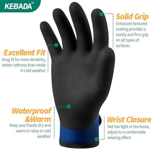 Kebada T2 Waterproof Winter Work Gloves for Men and Women - Thermal Insulated Freezer Gloves for Working in Freezer for Cold Weather, 100% Latex Coating, Wrist Closure, 1 Pair, Blue, Large