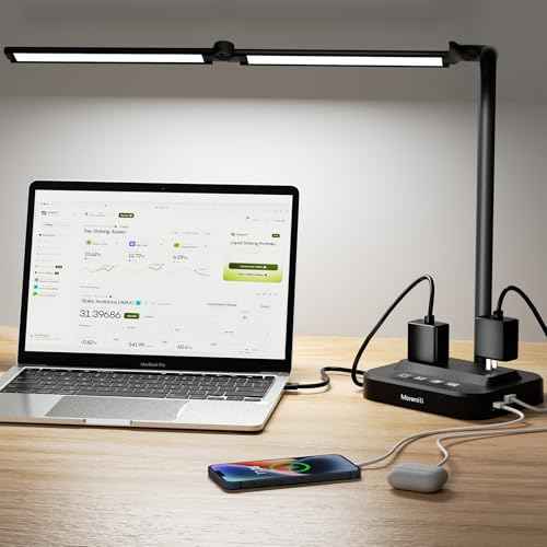 Adjustable LED Desk Lamp for Home Office | Integrated Power Hub with 2 Wide-Spaced AC Outlets, USB-C & USB-A Charging Ports | Anti-Glare Light, Foldable Design & Surge Protection