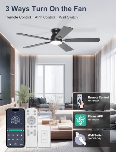 Phylluz 52-Inch Black Flush Mount Ceiling Fan with Lights for Bedroom