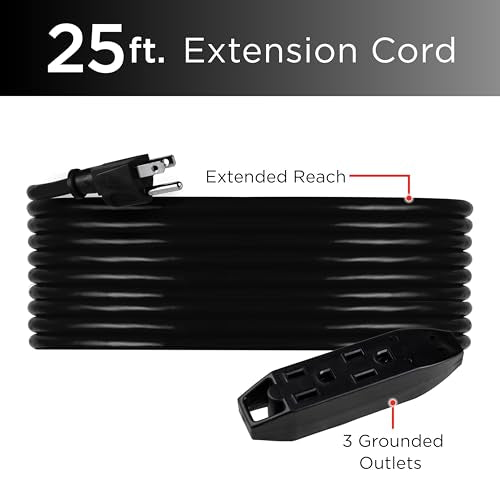Black 25 Ft Outdoor Heavy-Duty Extension Cord with 3 Outlets