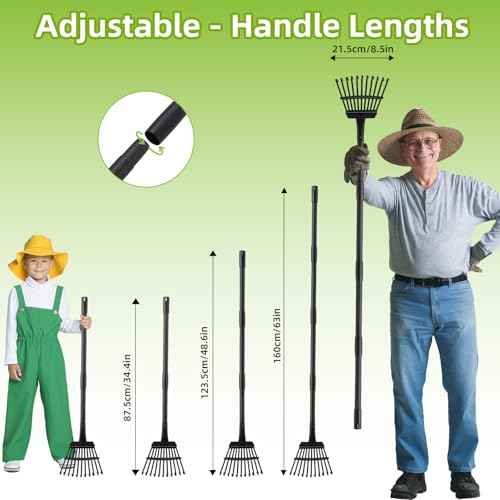 Small Rake for Gardening 63 Inch Adjustable Heavy Duty Garden Leaf Rakes Garden Tools 11 Metal Tines Small Garden Rake for Shrub Flower Bed Mulch Camping, Black