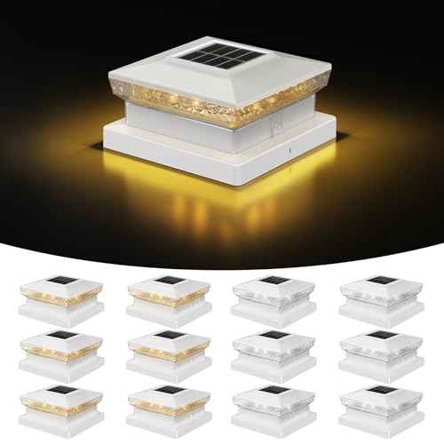 Solar Post Cap Lights, 12 Pack Outdoor Fence Post Solar Lights for 4x4 5x5 Wood/Vinyl Posts, 10-12 Hours Dusk to Dawn Warm/Cool Light Glow for Garden/Deck - White