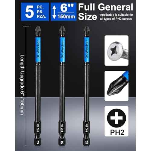 6-Inch Long Phillips Head Drill & Screwdriver Bits 5-Pack, 2 Phillips Bits #2 Impact Magnetic, S2 Alloy Steel, CNC Anti-Slip, 1/4" Hex Shank, Ph2 for Impact Driver, by DCWecher