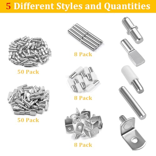 Okxiri Silver 124-Piece Shelf Pegs Kit with 5 Styles for Cabinets & Shelves