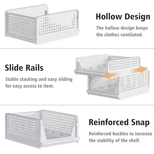 Proarea Stackable Plastic Storage Basket Closet Organizer Bin Foldable Clothes Organizer Storage Drawer Shelf Container for Living Room Bathroom Kitchen Office Laundry Room