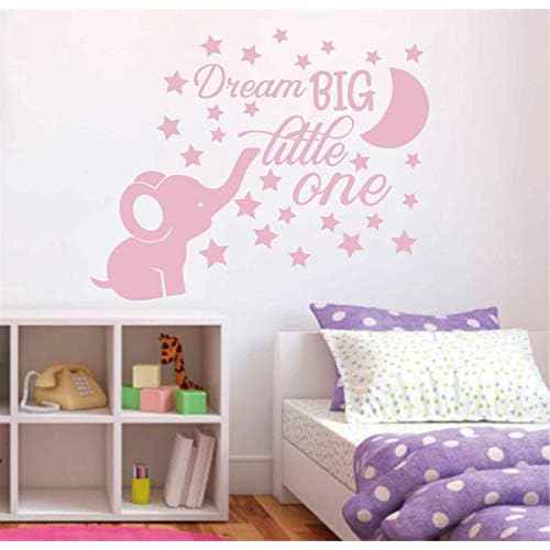 Dream Big Little One Lovely Elephant and Moon Stars Wall Decor Stickers for Kids Room Baby Girl Decals BA048 (Light Pink)