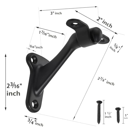 Khtumeware 6 Pack Matte Black 3 Inch Heavy Duty Hand Rail Brackets for Stairways & Home