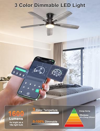 Ohniyou 52'' Low Profile Black Ceiling Fan with Lights, Remote & App Control