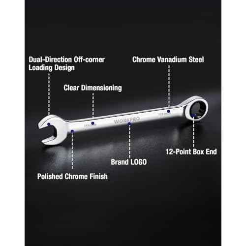 WORKPRO 19 mm Ratcheting Combination Wrench Metric, CR-V Constructed with Mirror Polish Chrome Plating, 12-Point Design, 15-Degree Offset