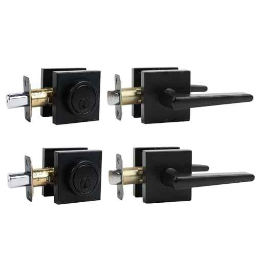 Black Front Door Handle and Deadbolt Set,Door Handles Interior£¬Front Door Lock Set£¬Door Locks For Front Door,Dead bolt and Door Handle Set, Square Heavy Duty Exterior Door Knob with Deadbolt,2pack